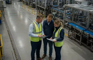 Production team analysing production changeover costs.