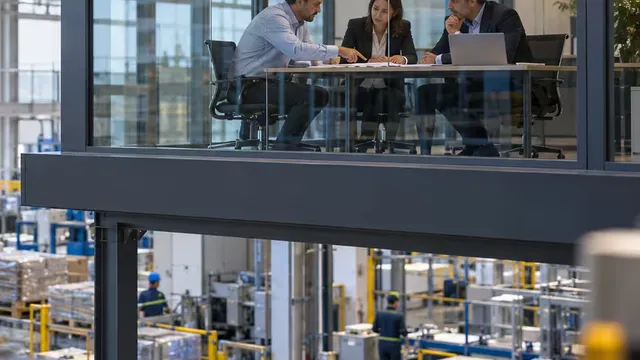 Responsabili della pianificazione riuniti in una sala vetrata per discutere di resilienza ed efficienza della supply chain.