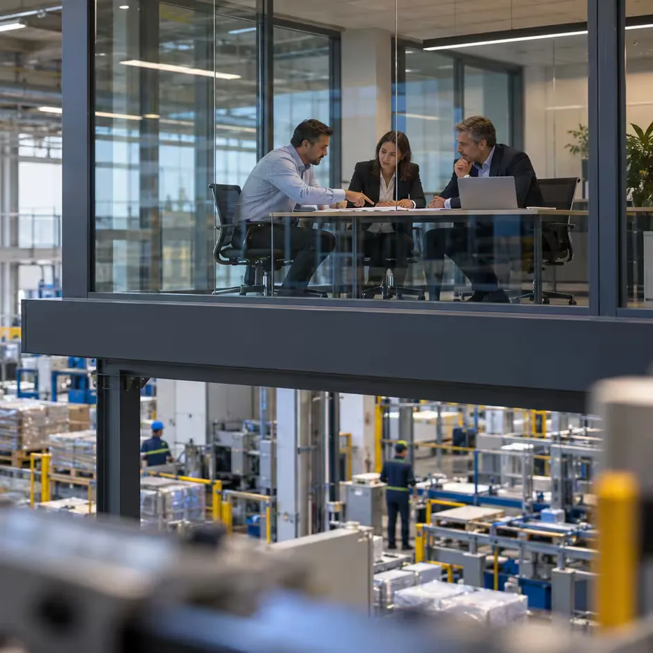 Responsabili della pianificazione riuniti in una sala vetrata per discutere di resilienza ed efficienza della supply chain. Responsabili della pianificazione riuniti in una sala vetrata per discutere di resilienza ed efficienza della supply chain.