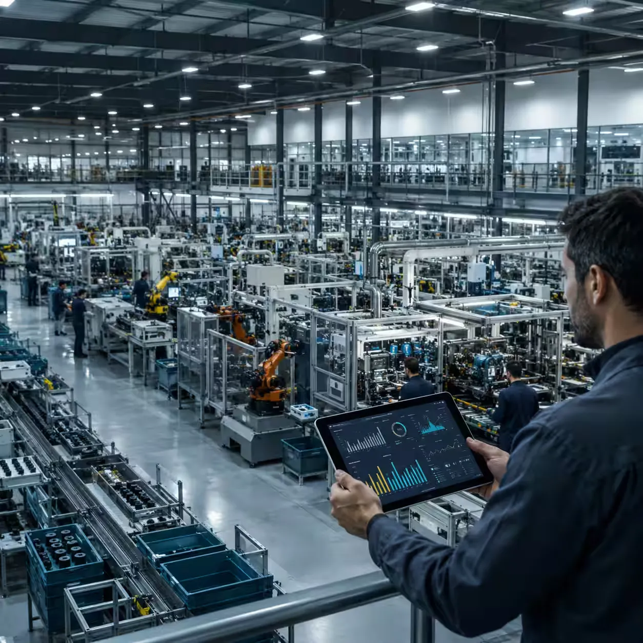 Executive analyzing operational stress testing in a production plant.